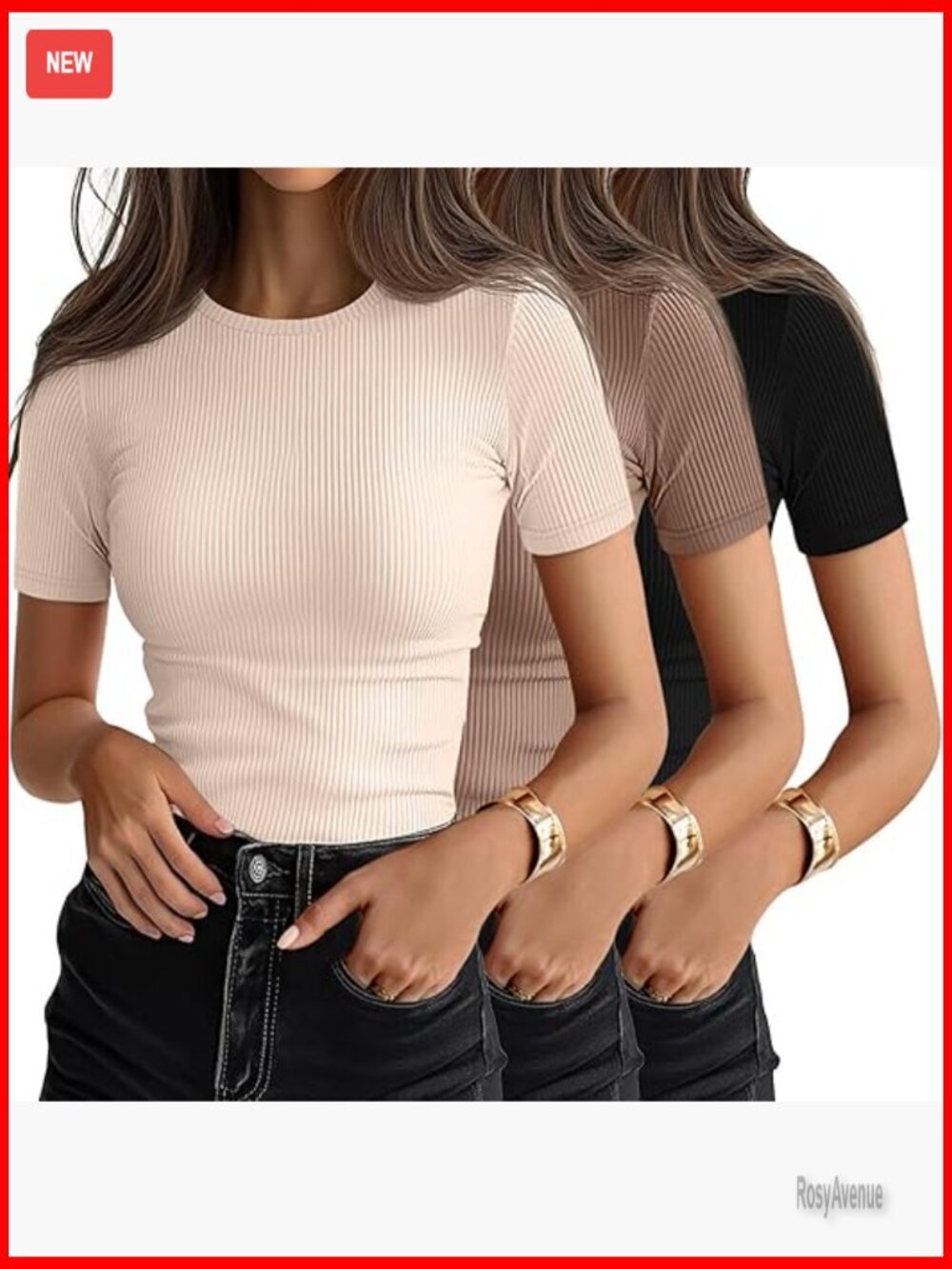 3 Pack Cotton Ribbed Crew Neck Short Sleeve Fitted T-Shirts Women's Basic Tees